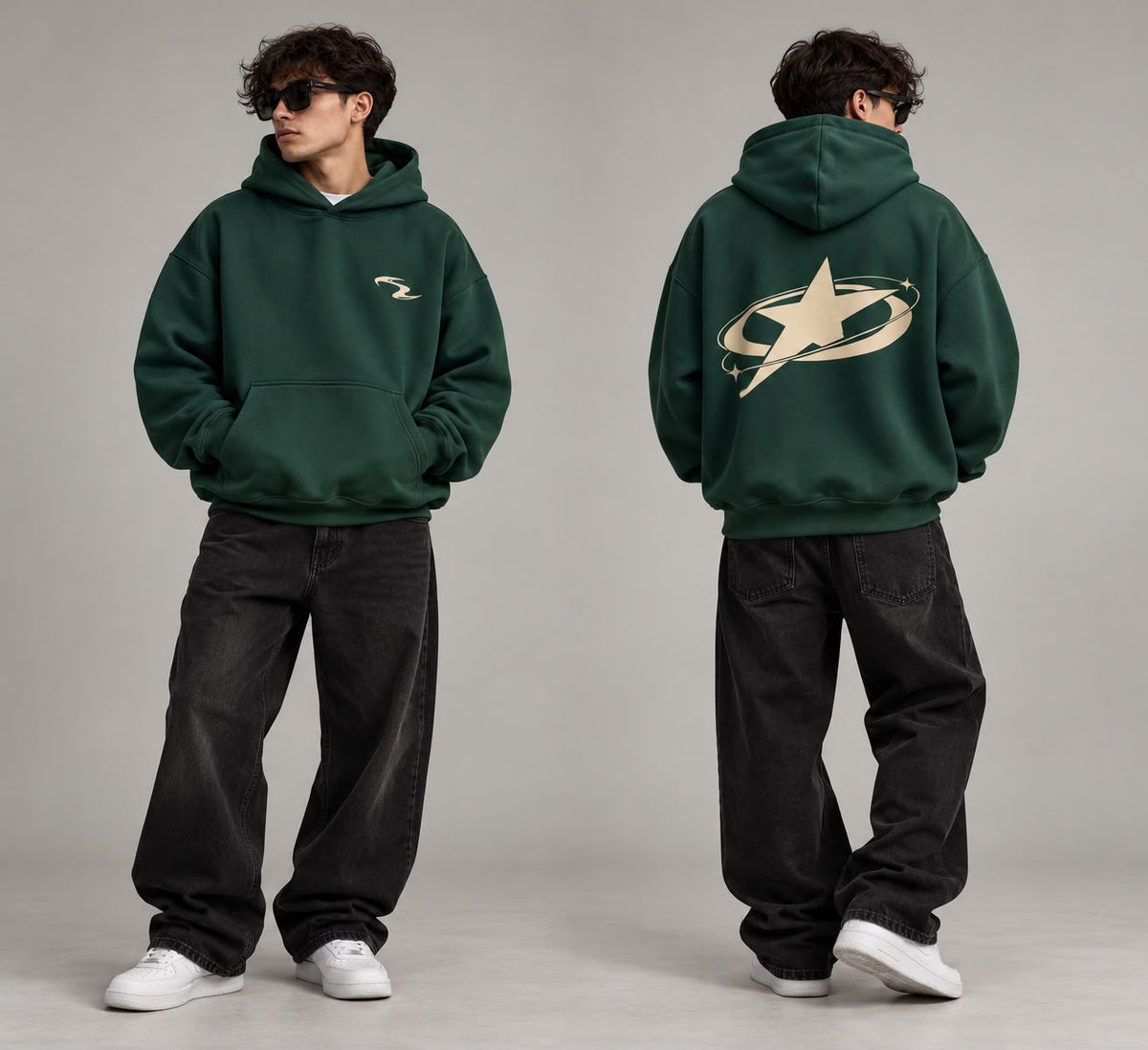 Sweat à capuche oversize Étoile – Vert forêt